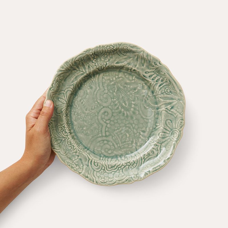 Sthal Arabesque 23 cm ceramic plate in Antique green with ornate embossed pattern, handcrafted in Portugal.