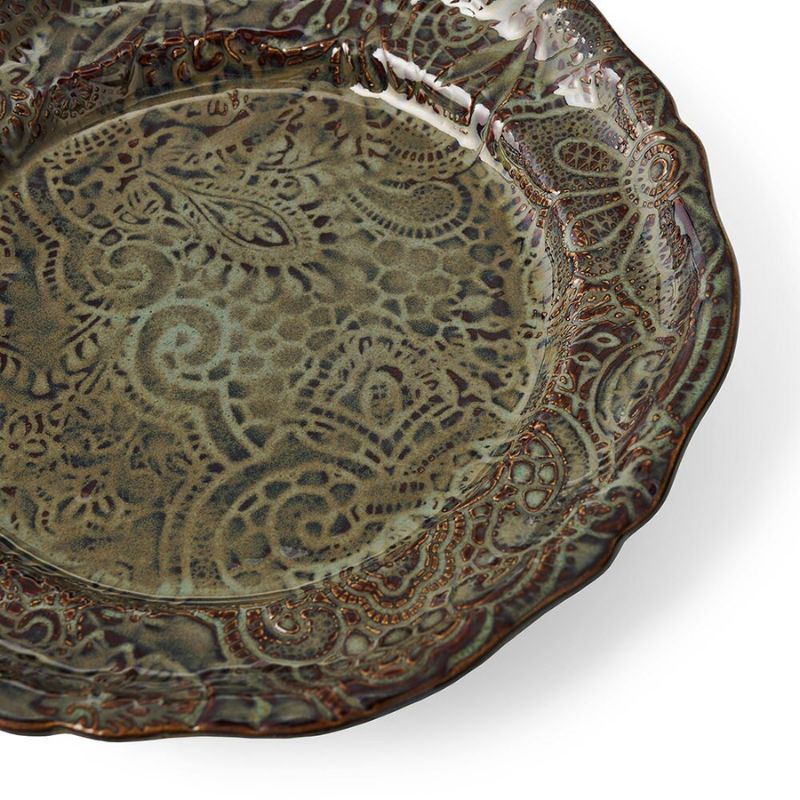 Sthal Arabesque 23 cm ceramic plate in Fig with ornate embossed pattern and reactive glaze.