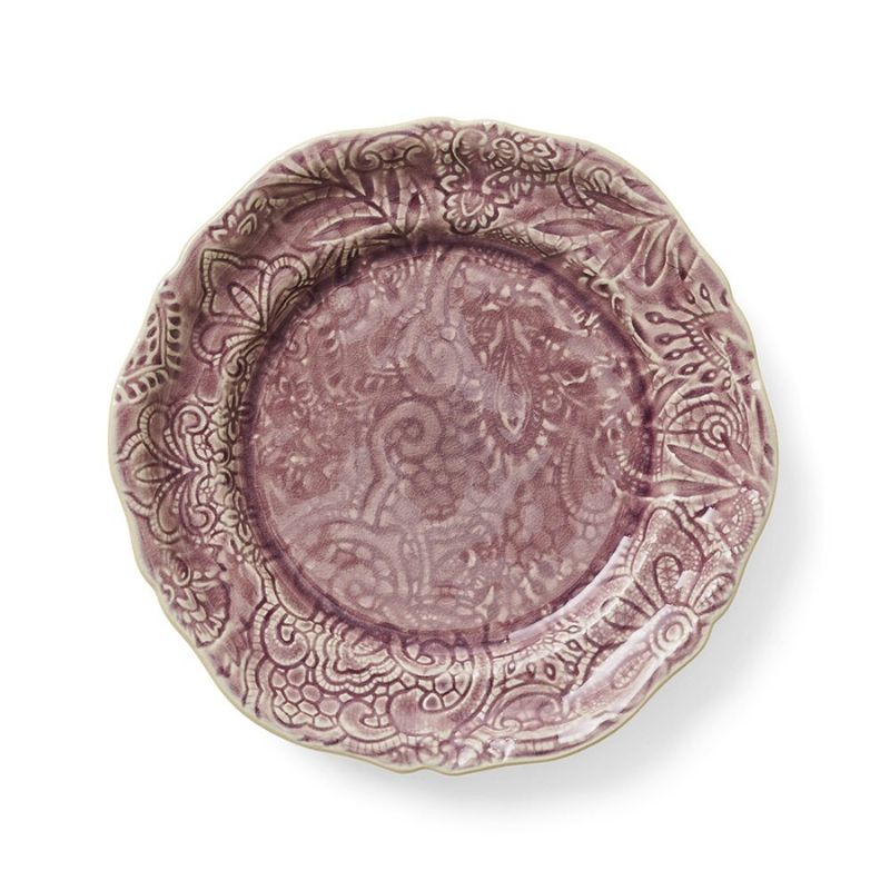 Sthal Arabesque 23 cm ceramic plate in Lavender with ornate embossed pattern and reactive glaze.