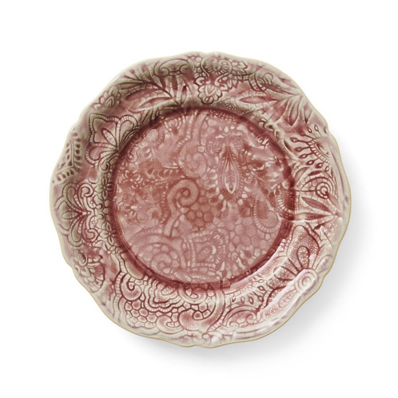 Sthal Arabesque 23 cm ceramic plate in Old Rose with ornate embossed pattern and reactive glaze.