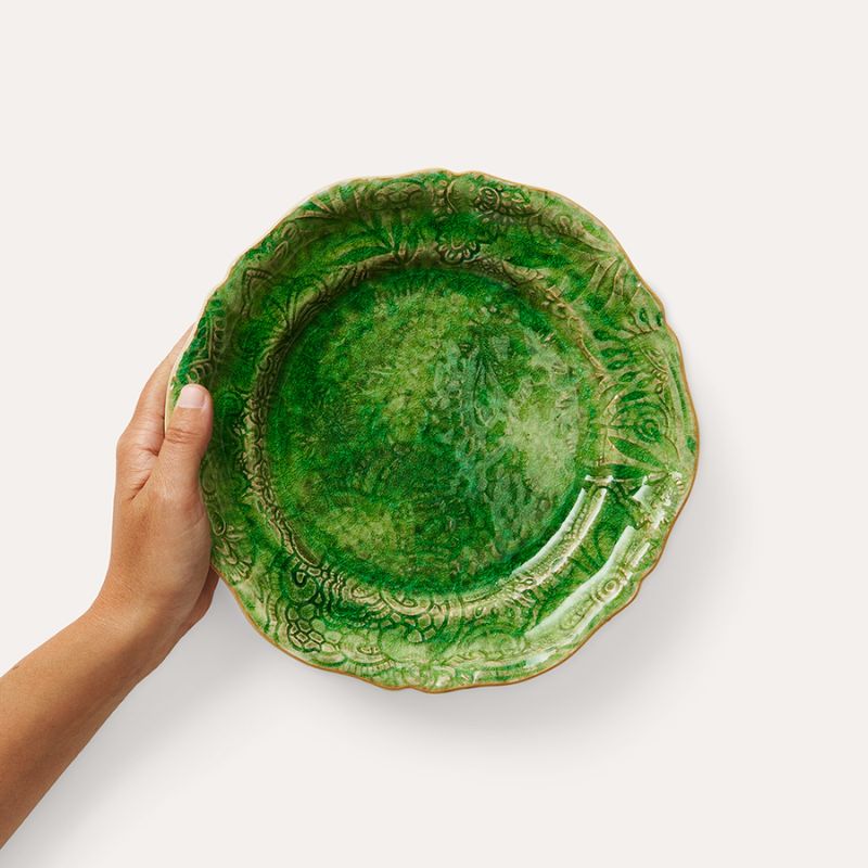 Sthal Arabesque 23 cm ceramic plate in Seaweed green with ornate embossed pattern and reactive glaze.