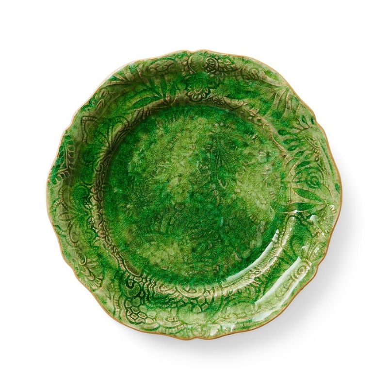 Sthal Arabesque 23 cm ceramic plate in Seaweed green with ornate embossed pattern and reactive glaze.