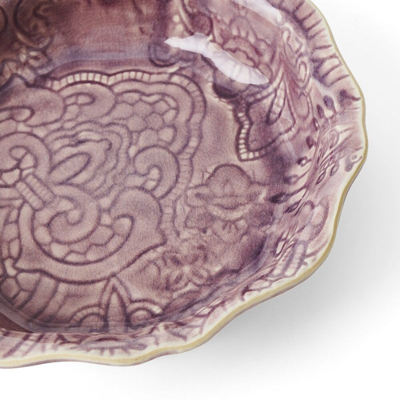 Detailed view of Sthal Arabesque Lavender small bowl showing ornate pattern and crackle glaze.