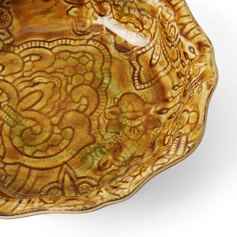 Sthal Arabesque 17 cm small bowl in Pineapple golden yellow with fluted edge and reactive glaze.