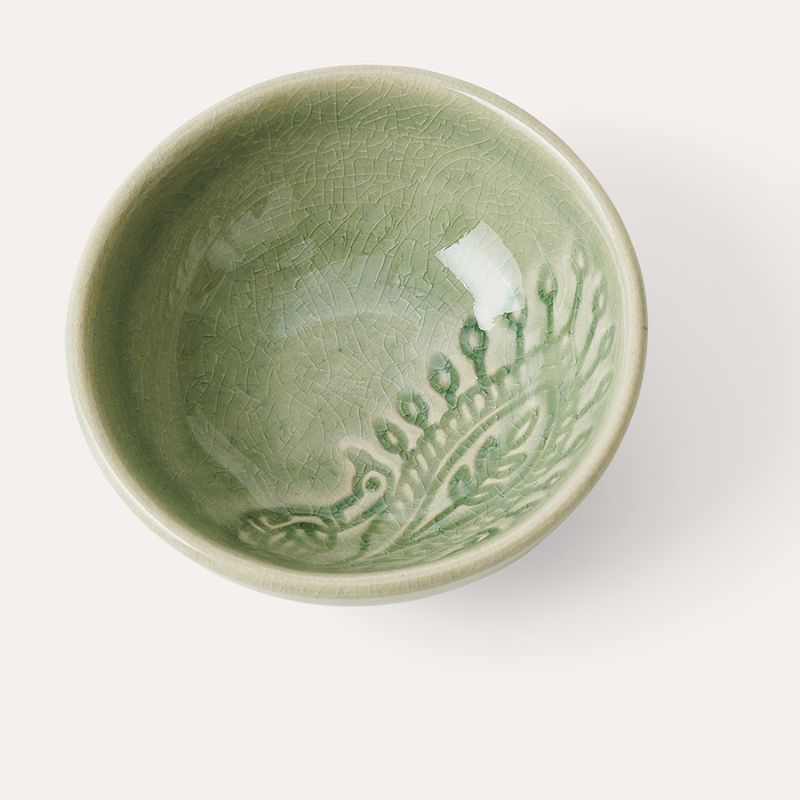 Overhead view of Sthal Arabesque Antique dip bowl with ornate pattern and crackle glaze.