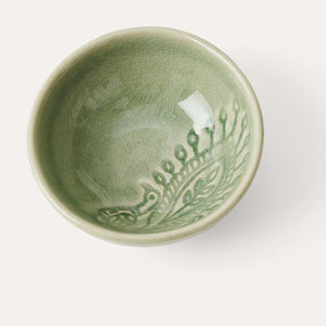 Overhead view of Sthal Arabesque Antique dip bowl with ornate pattern and crackle glaze.