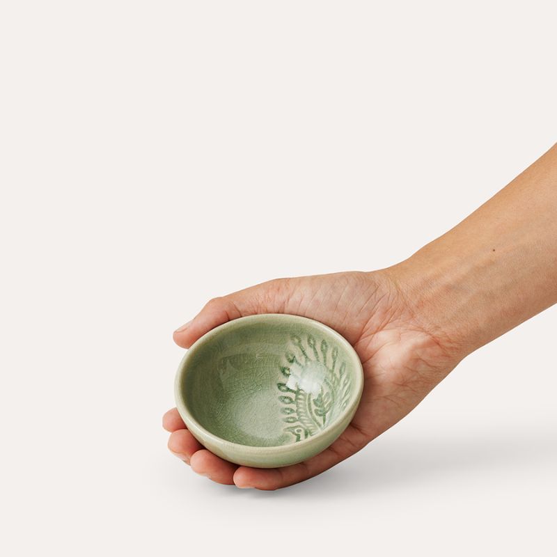 Sthal Arabesque 8 cm small dip bowl in Antique green with embossed pattern and reactive glaze.