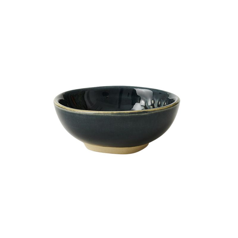 Sthal Arabesque 8 cm small dip bowl in Fig earthy brown with reactive glaze and embossed interior pattern.