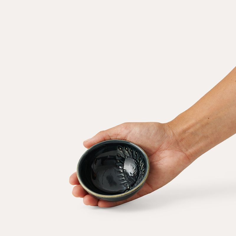 Sthal Arabesque 8 cm small dip bowl in Fig earthy brown with reactive glaze and embossed interior pattern.