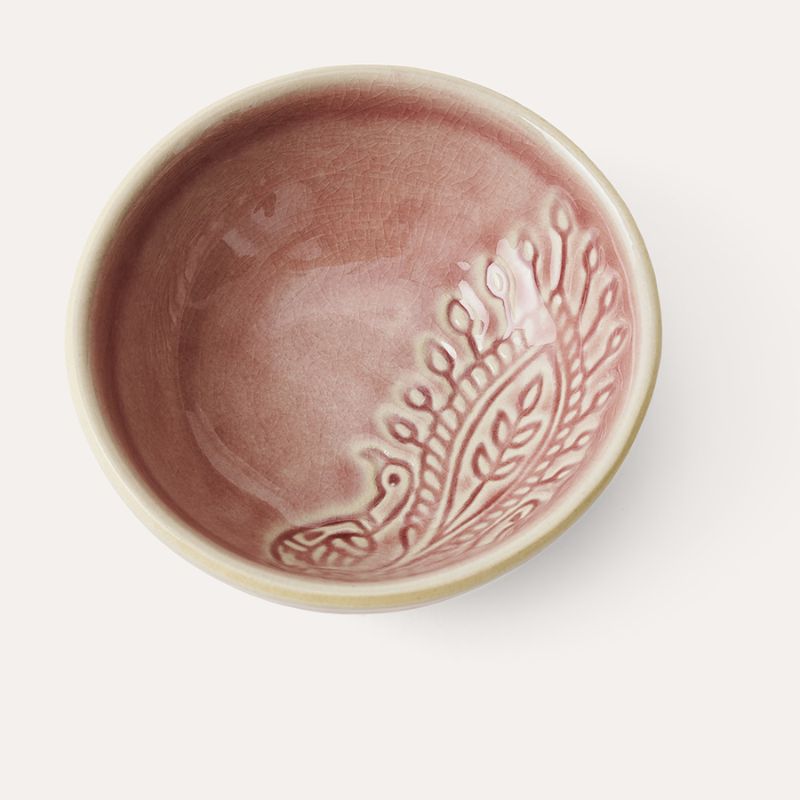 Sthal Arabesque 8 cm small dip bowl in Old Rose pink with reactive glaze and embossed pattern.