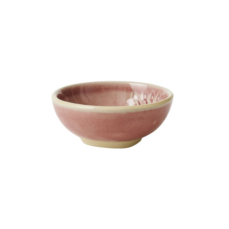 Sthal Arabesque 8 cm small dip bowl in Old Rose pink with reactive glaze and embossed pattern.