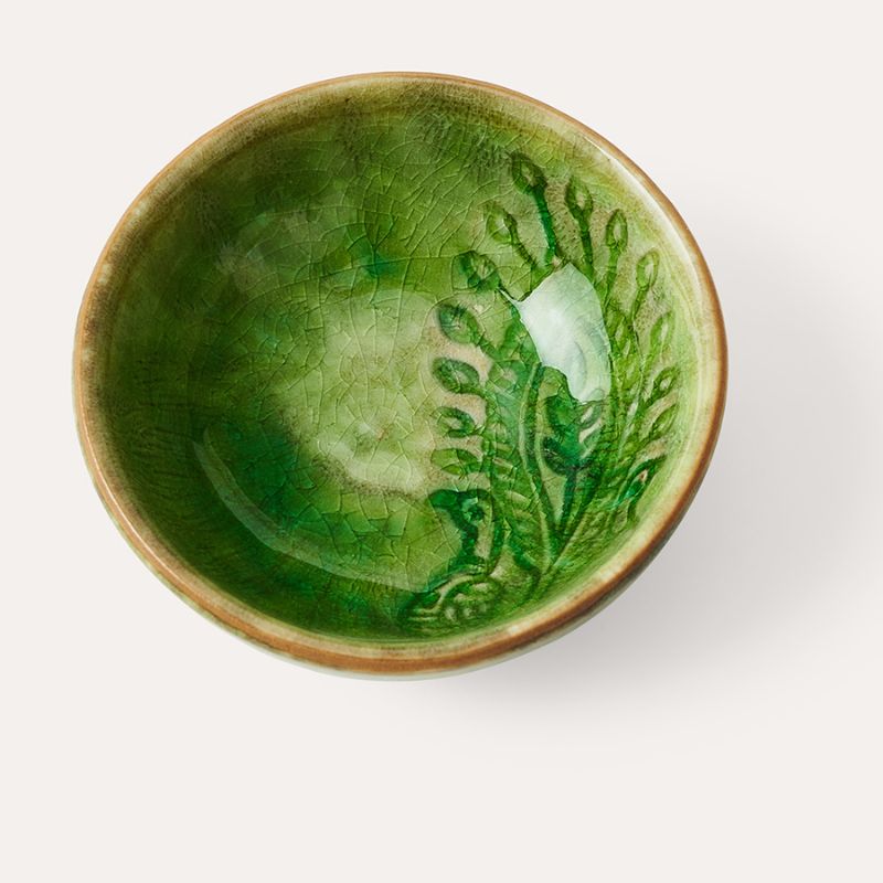 Sthal Arabesque 8 cm small dip bowl in Seaweed green with reactive glaze and embossed detail.