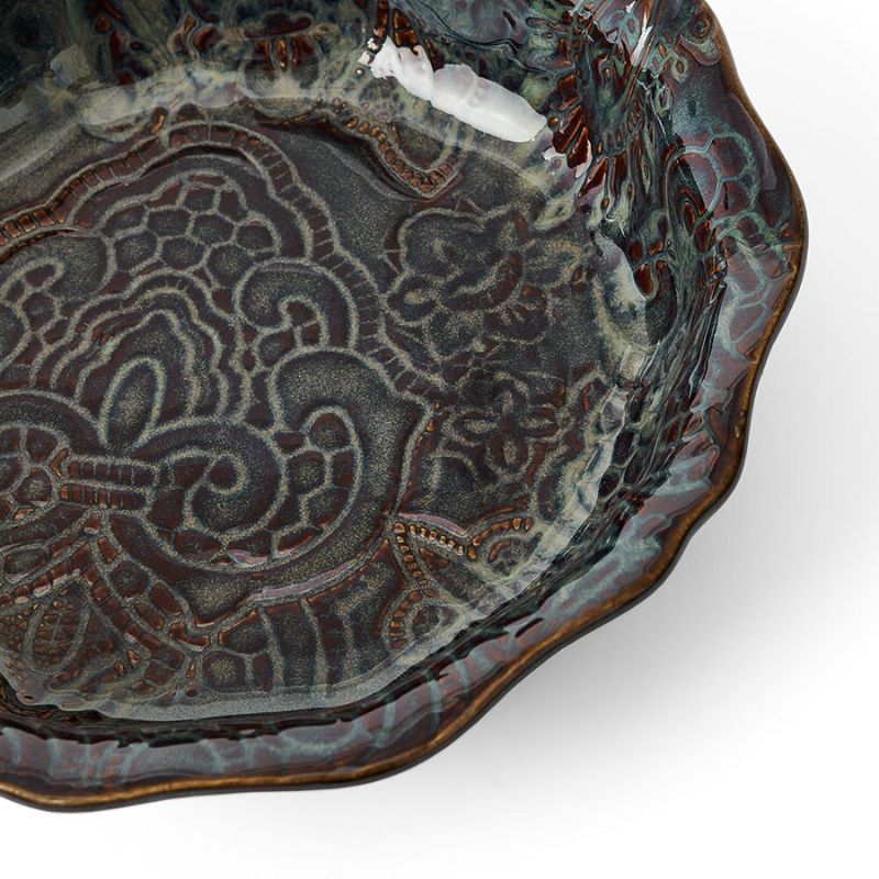 Detailed view of Sthal Arabesque Fig small bowl showing embossed pattern and glaze variation.