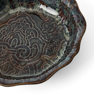 Detailed view of Sthal Arabesque Fig small bowl showing embossed pattern and glaze variation.