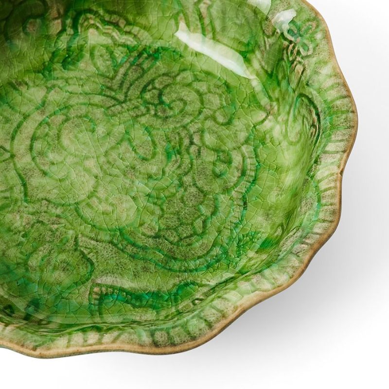 Sthal Arabesque 17 cm small bowl in Seaweed green with fluted edge and reactive glaze.