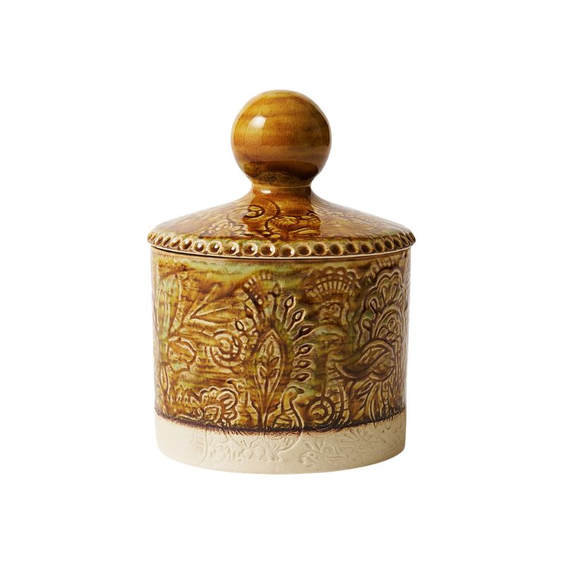 Sthal Arabesque Tea Caddy in Pineapple – a ceramic caddy with mustard yellow reactive glaze over an intricate floral detail, shown on a white background.