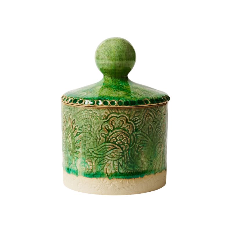 Sthal Arabesque Tea Caddy in Seaweed green shown on a white background.