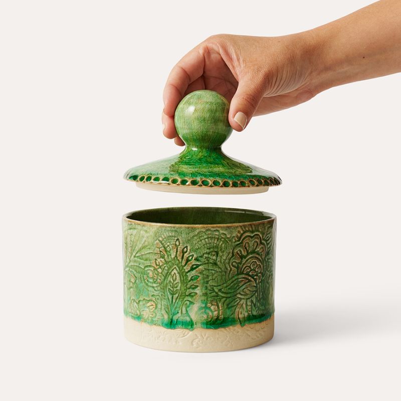 Sthal Arabesque Tea Caddy in Seaweed green shown on a white background.