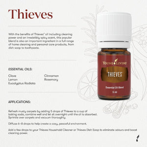 Young Living Thieves essential oil blend bottle with product details