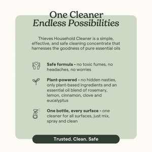 Promotional graphic for Thieves Household Cleaner with text and icons on a green background