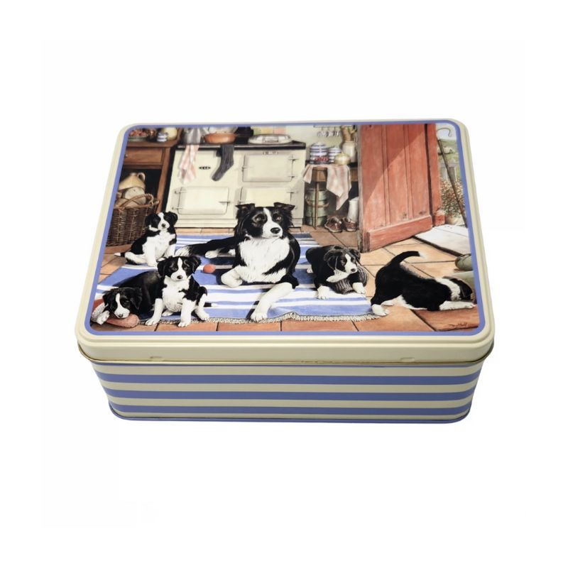 Tracy Hall Border Collies Biscuit Tin with puppies and a mother dog in a kitchen scene