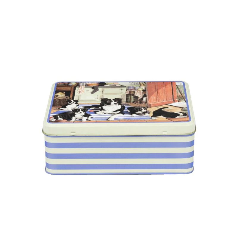 Tracy Hall Border Collies Biscuit Tin with puppies and a mother dog in a kitchen scene