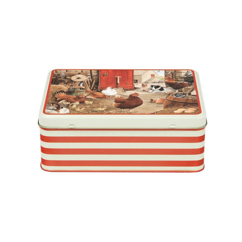 Tracy Hall Farmyard Hens Biscuit Tin showing hens and chicks in a barn with a border collie keeping guard - tin has red and white striped sides.