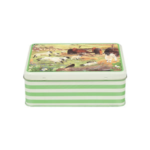 Biscuit tin with green and white striped sides and lambs in a farm scene on the lid - illustrations by Tracy Hall
