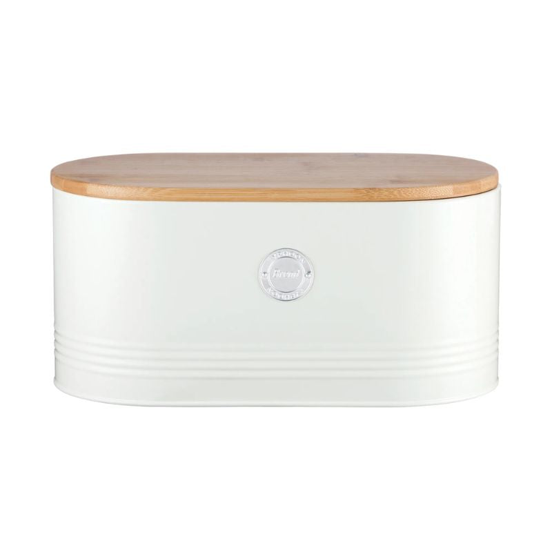 Typhoon Living Bread Bin in cream with bamboo lid and silver bread badge – 7.5L kitchen storage container.