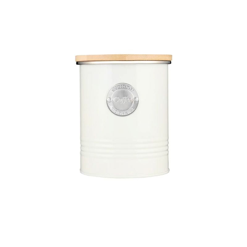 Cream Typhoon Living Coffee Canister with metal badge on front and bamboo lid