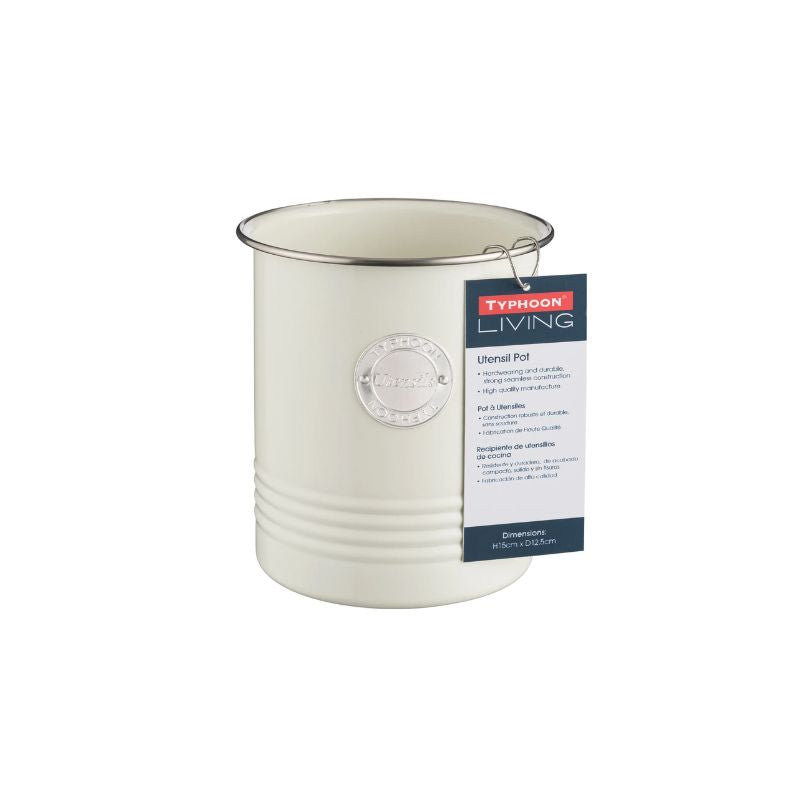 View of the Typhoon Living Utensil Pot in cream with retail tag.