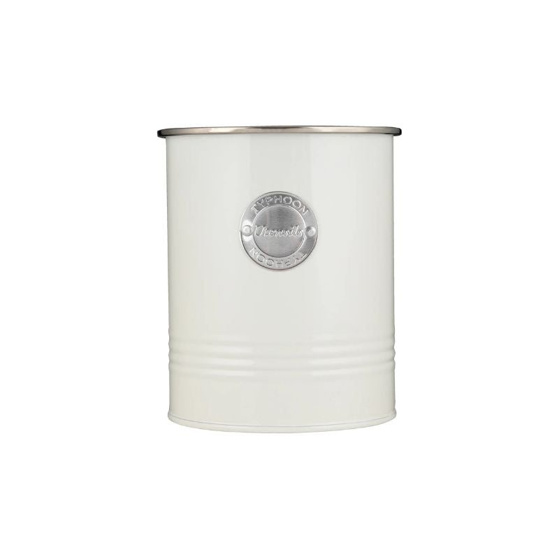 Typhoon Living Utensil Pot in cream with silver badge and rim, shown on a white background.