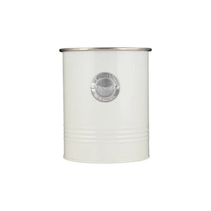 Typhoon Living Utensil Pot in cream with silver badge and rim, shown on a white background.
