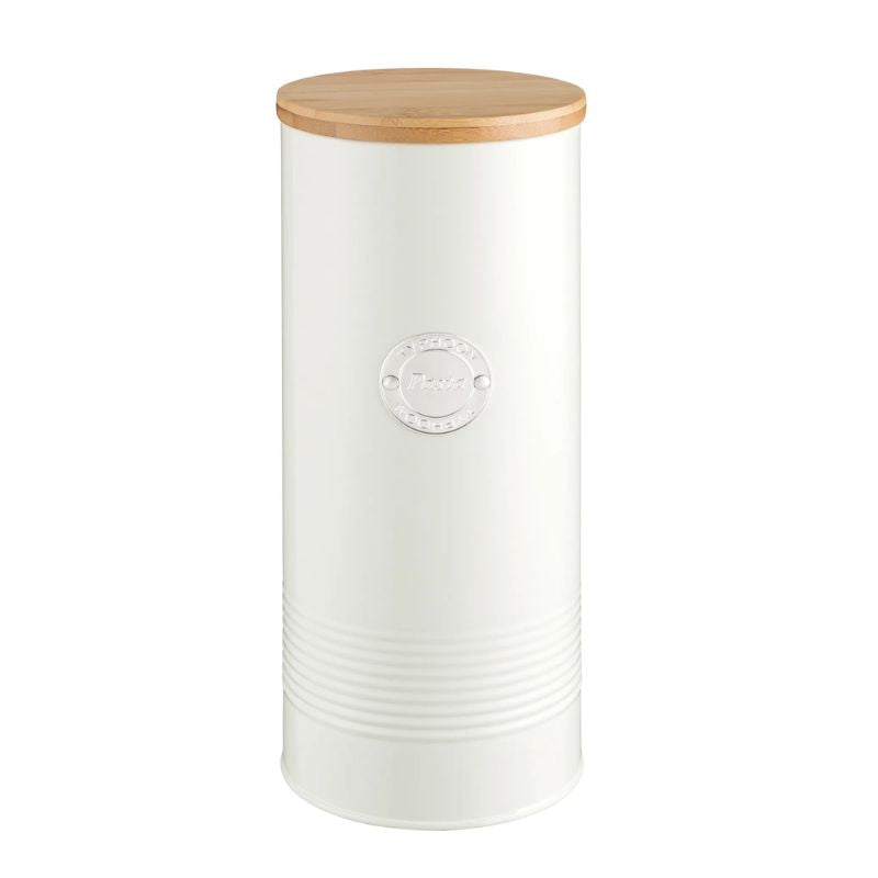 Typhoon Living pasta storage canister in cream with bamboo lid, shown on a white background.