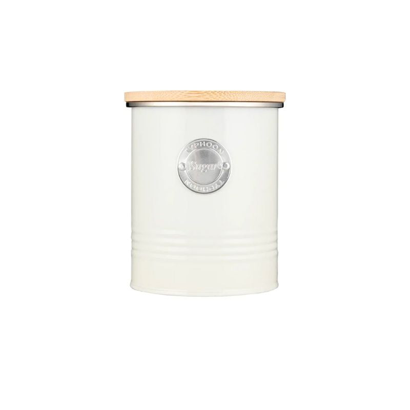 Cream Typhoon Living Sugar Canister with metal name badge and bamboo lid