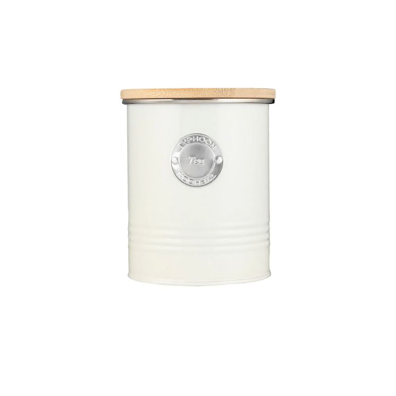 Typhoon Living Tea Canister in cream with silver label on front and bamboo lid.