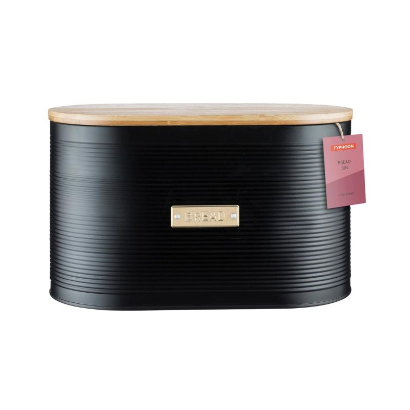Typhoon Otto Bread Bin shown front-on with ribbed matte black body and bamboo lid