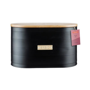 Typhoon Otto Bread Bin shown front-on with ribbed matte black body and bamboo lid