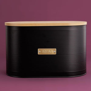 Typhoon Otto Bread Bin shown front on highlighting curved shape and bamboo lid