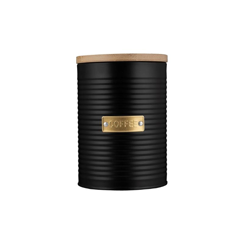 Typhoon Otto black ribbed coffee canister with a bamboo lid and gold label.