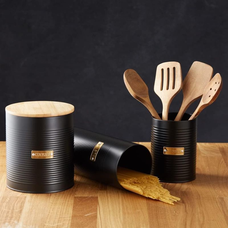 Typhoon Otto black ribbed pasta canister with bamboo lid and gold label.