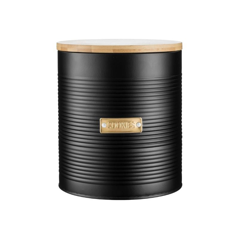 Typhoon Otto black ribbed cookies canister with bamboo lid and gold label.