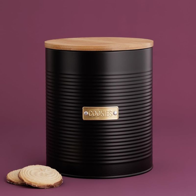 Typhoon Otto black ribbed cookies canister with bamboo lid and gold label.