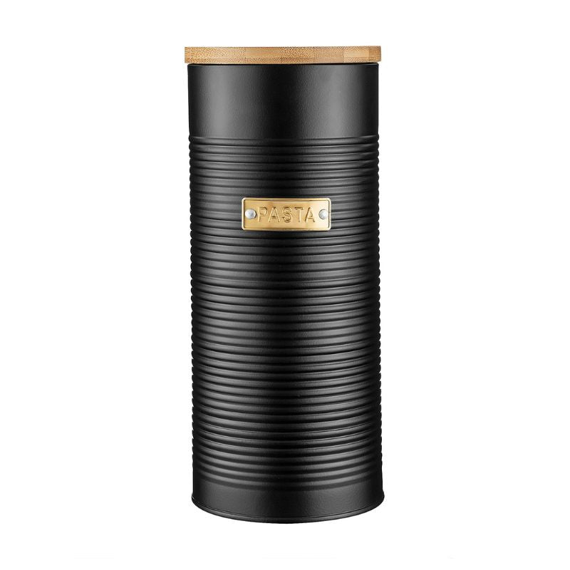 Typhoon Otto black ribbed pasta canister with bamboo lid and gold label.