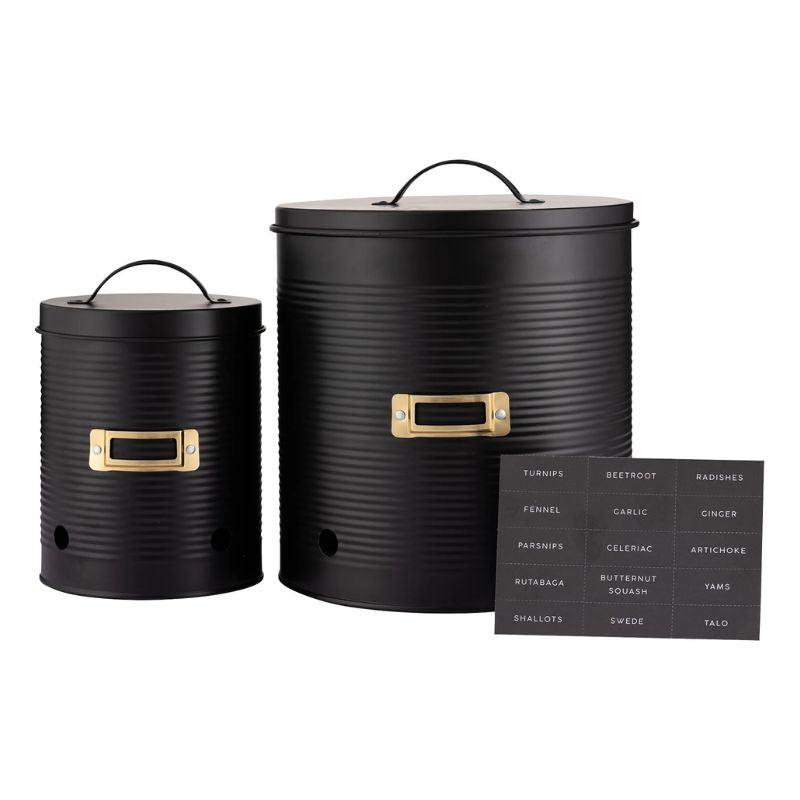 Typhoon Otto Root Vegetable Storage Canisters NZ - Set of 2 black storage canisters with gold name plates and name tags