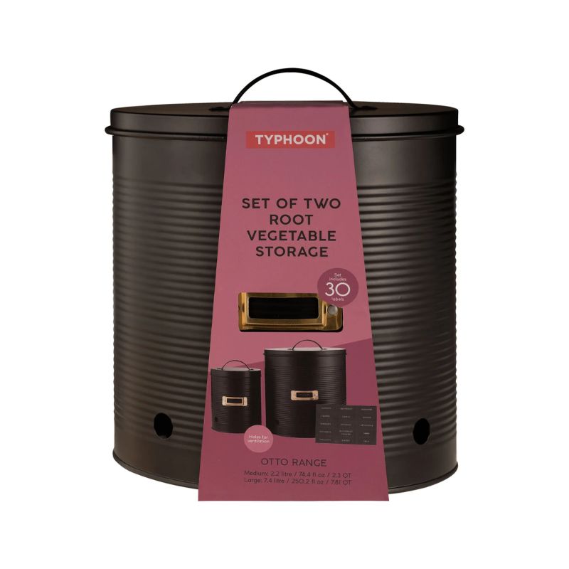 Retail packaging of the black Typhoon Otto Root Vegetable Storage Canisters NZ