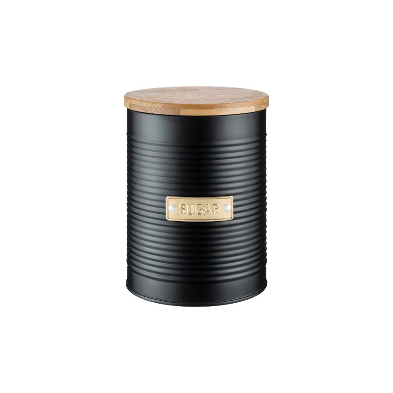 Typhoon Otto black ribbed sugar canister with a bamboo lid and gold label.