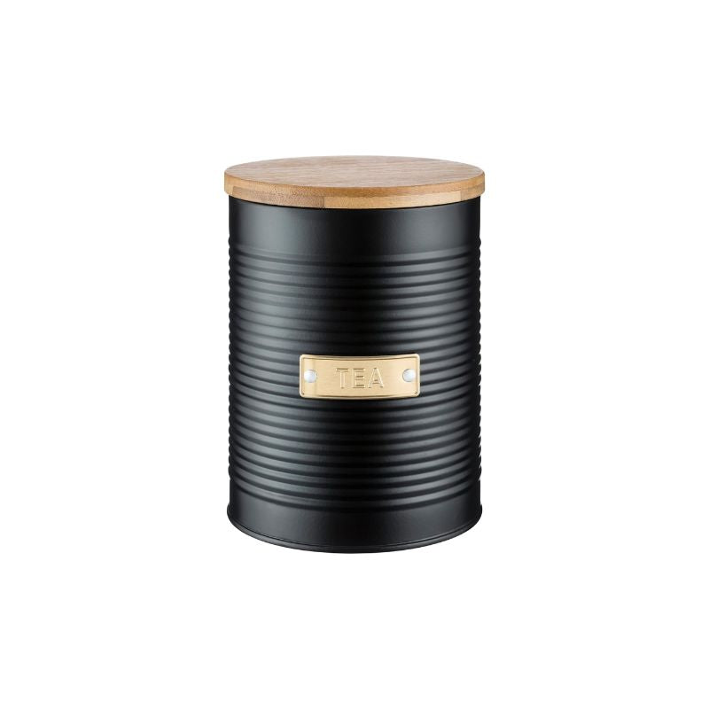 Typhoon Otto black ribbed tea canister with a bamboo lid and gold label.