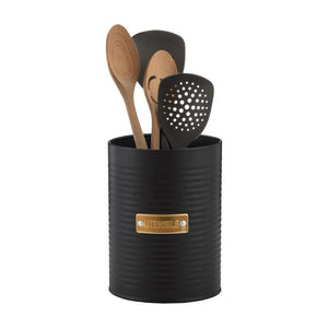 Typhoon Otto black ribbed utensil holder filled with assorted wooden and silicone kitchen utensils.
