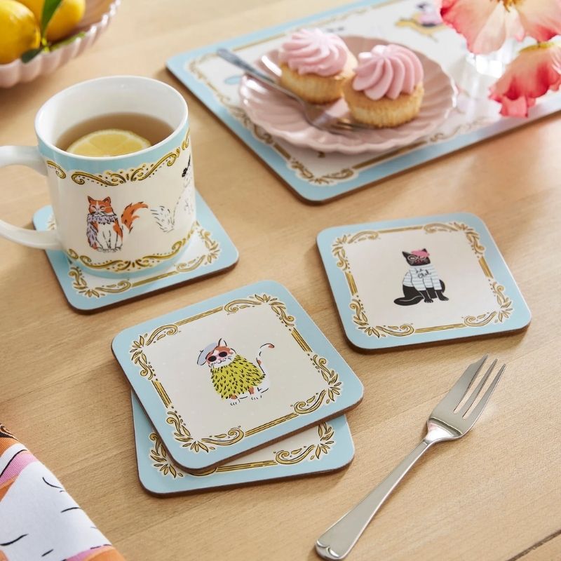 Ulster Weavers  Cool Cats Coasters on a white background.